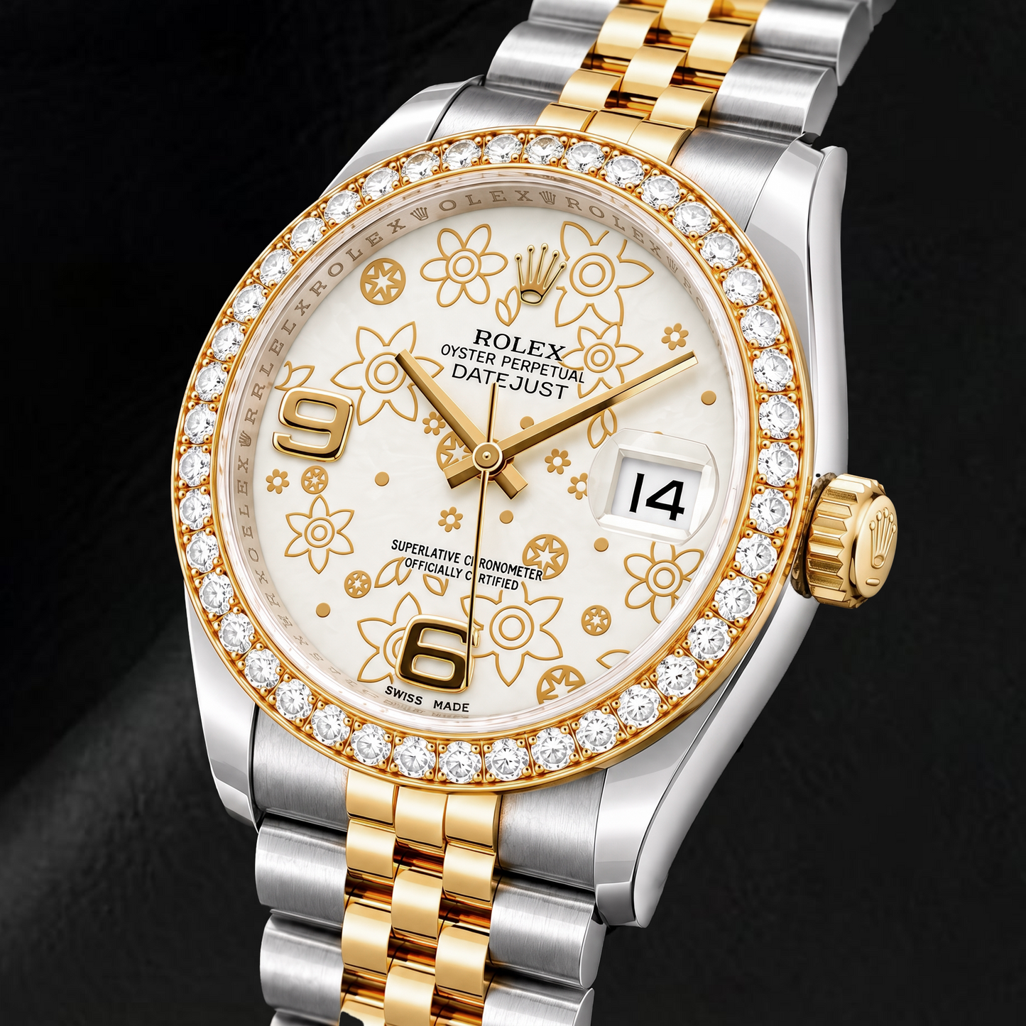 Rolex Datejust 116243 36mm White Floral Arabic Dial Two Tone Watch