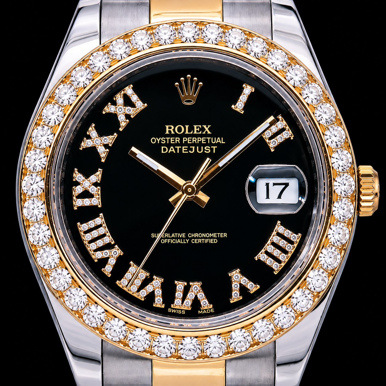 Rolex Datejust 116333 41mm Black Roman Diamond Dial Two Tone Gold Oyster Bracelet Watch