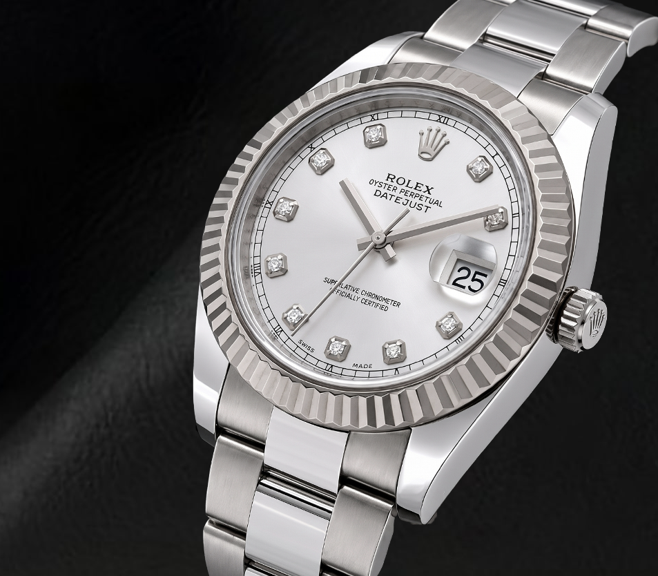 Rolex Datejust 116334 41mm Silver Diamond Dial White Gold Fluted Bezel Watch