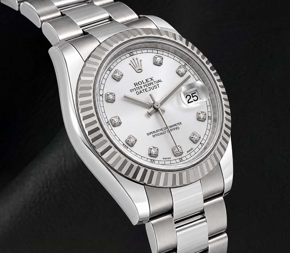 Rolex Datejust 116334 41mm Silver Diamond Dial White Gold Fluted Bezel Watch
