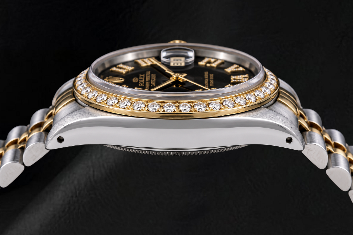 Rolex Datejust 16013 36mm Black Roman Diamond Dial Two Tone Watch