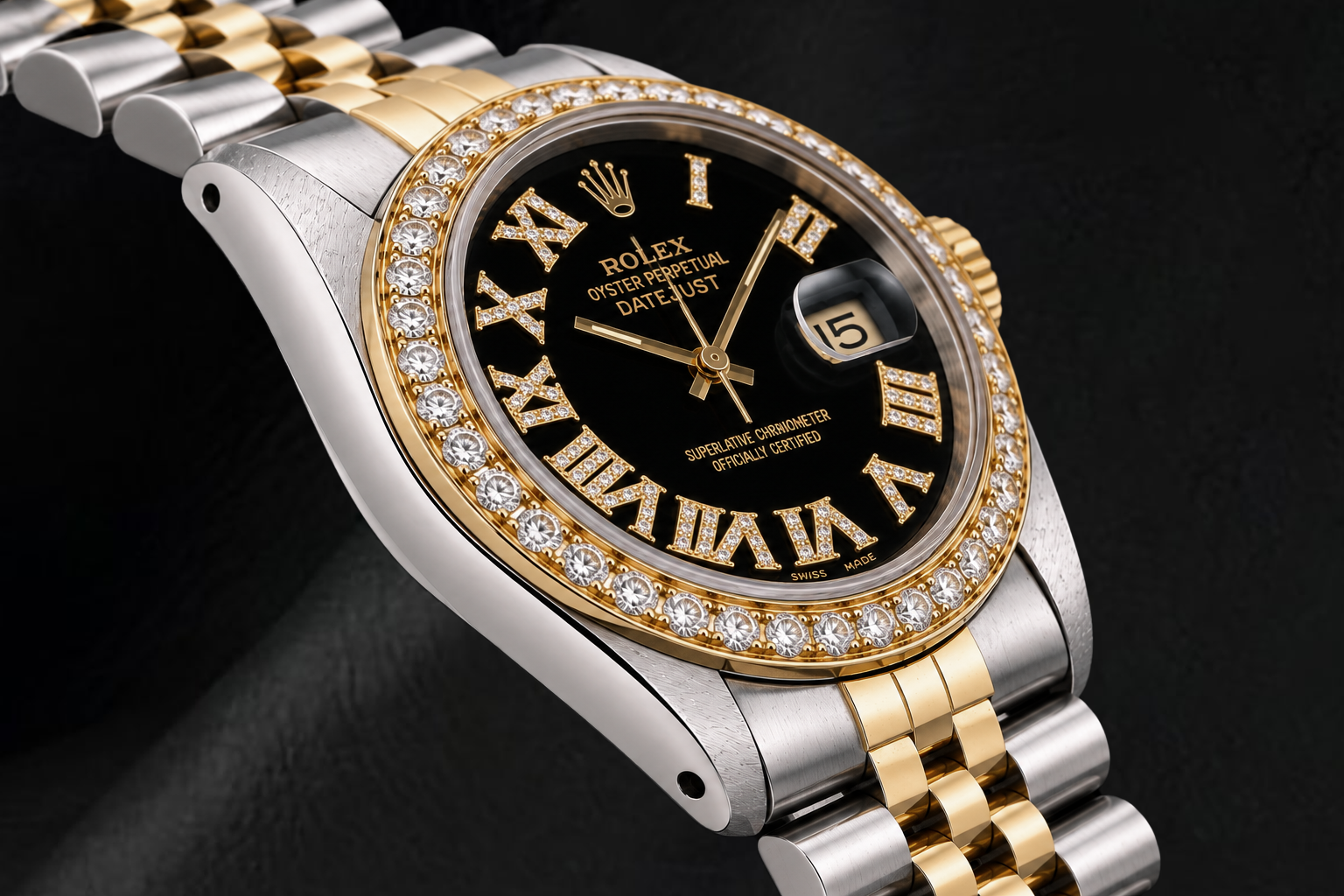 Rolex Datejust 16013 36mm Black Roman Diamond Dial Two Tone Watch