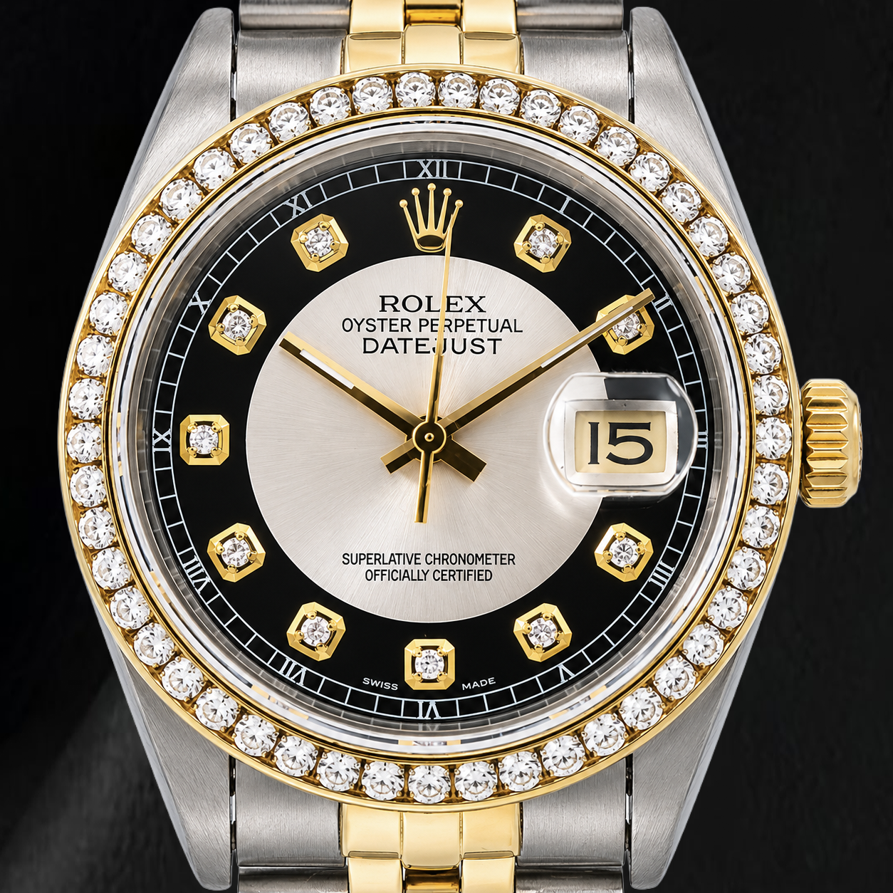Rolex Datejust 16013 36mm Black Tuxedo Diamond Dial Two Tone Watch