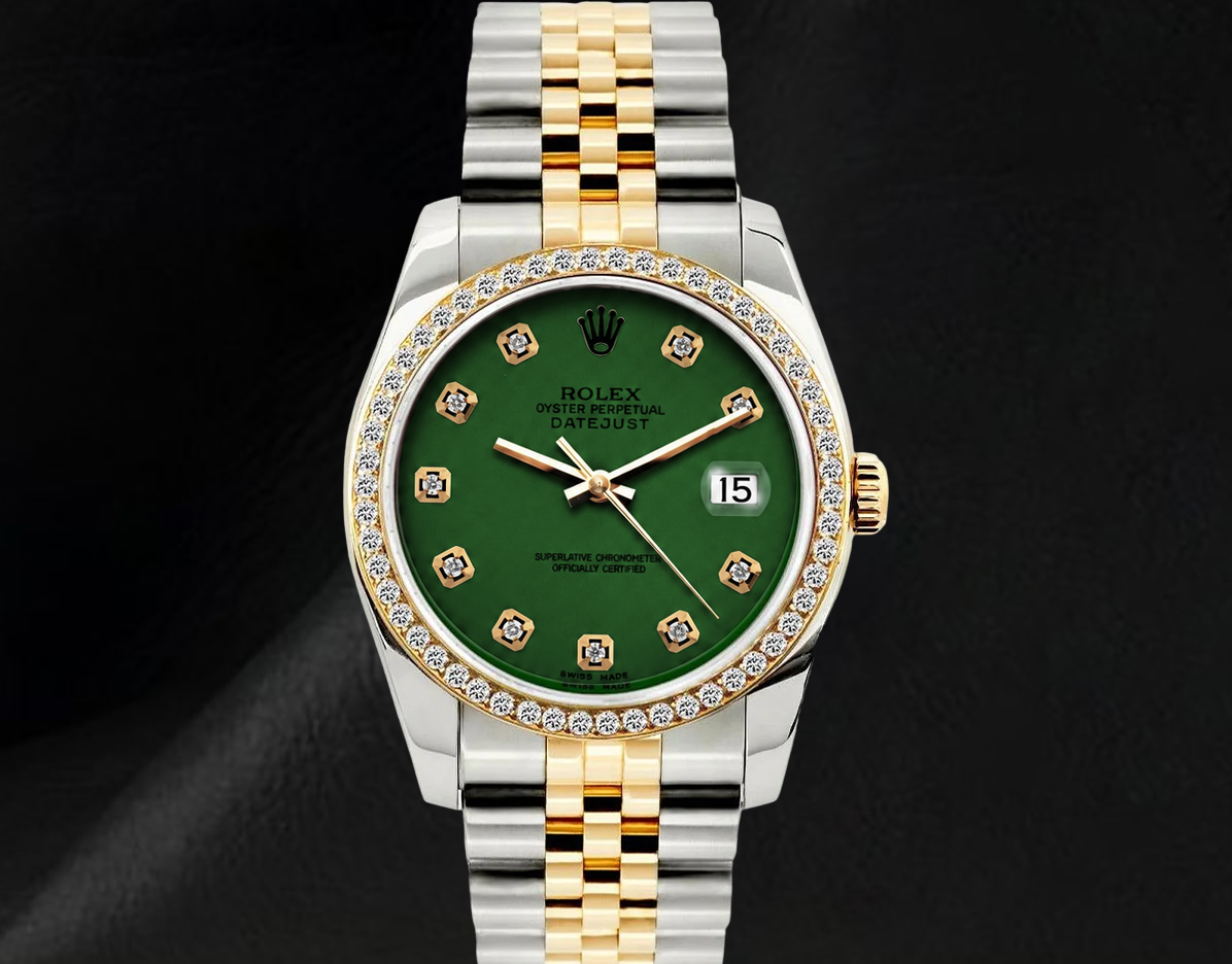 Rolex Datejust 16013 36mm Green Diamond Dial Diamond Bezel Two Tone Watch