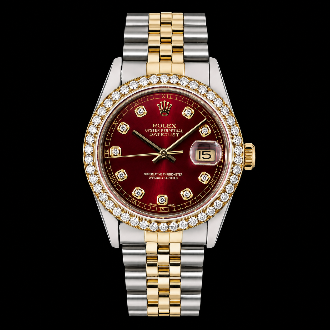 Rolex Datejust 16013 36mm Red Diamond Dial Jubilee Bracelet Two Tone Watch