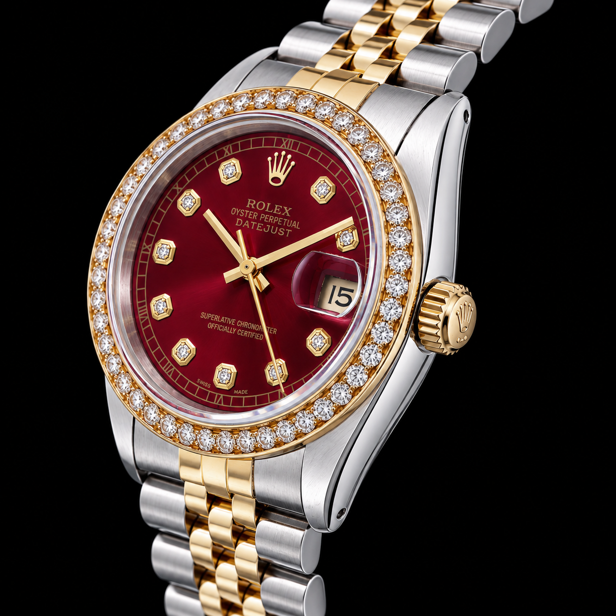 Rolex Datejust 16013 36mm Red Diamond Dial Jubilee Bracelet Two Tone Watch