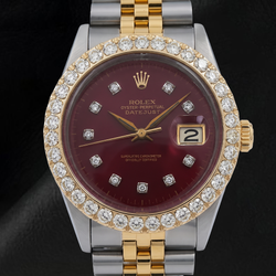 Rolex Datejust 16013 Diamond Bezel Red Diamond Dial 36mm Two Tone Watch