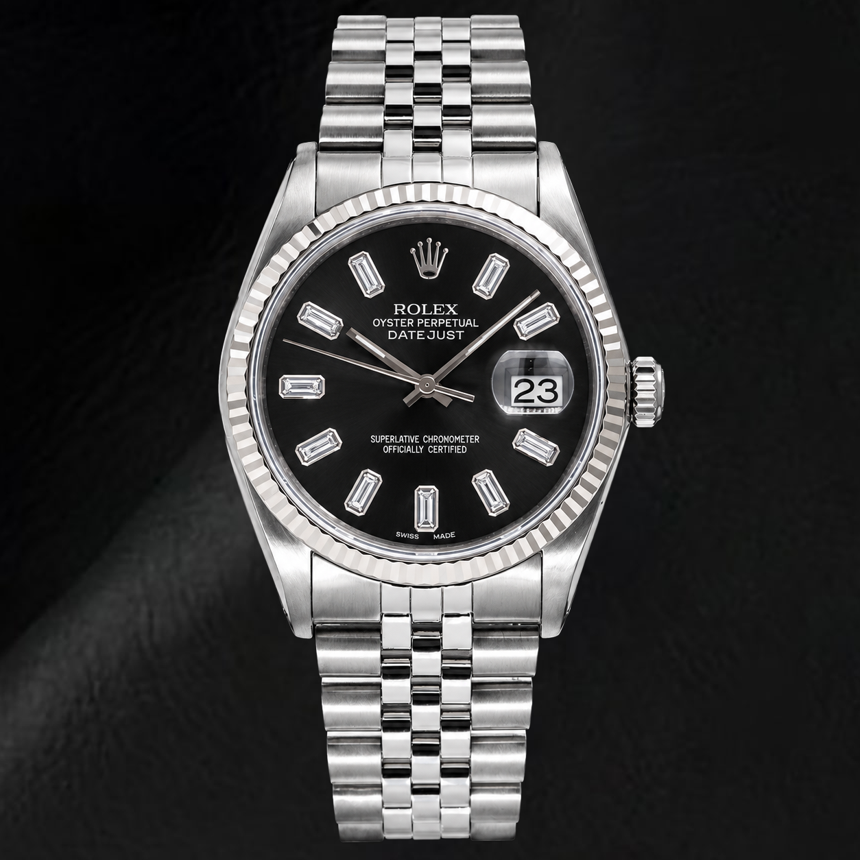 Rolex Datejust 16014 36mm Black Baguette Diamond Dial Stainless Steel Watch