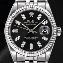 Rolex Datejust 16014 36mm Black Baguette Diamond Dial Stainless Steel Watch