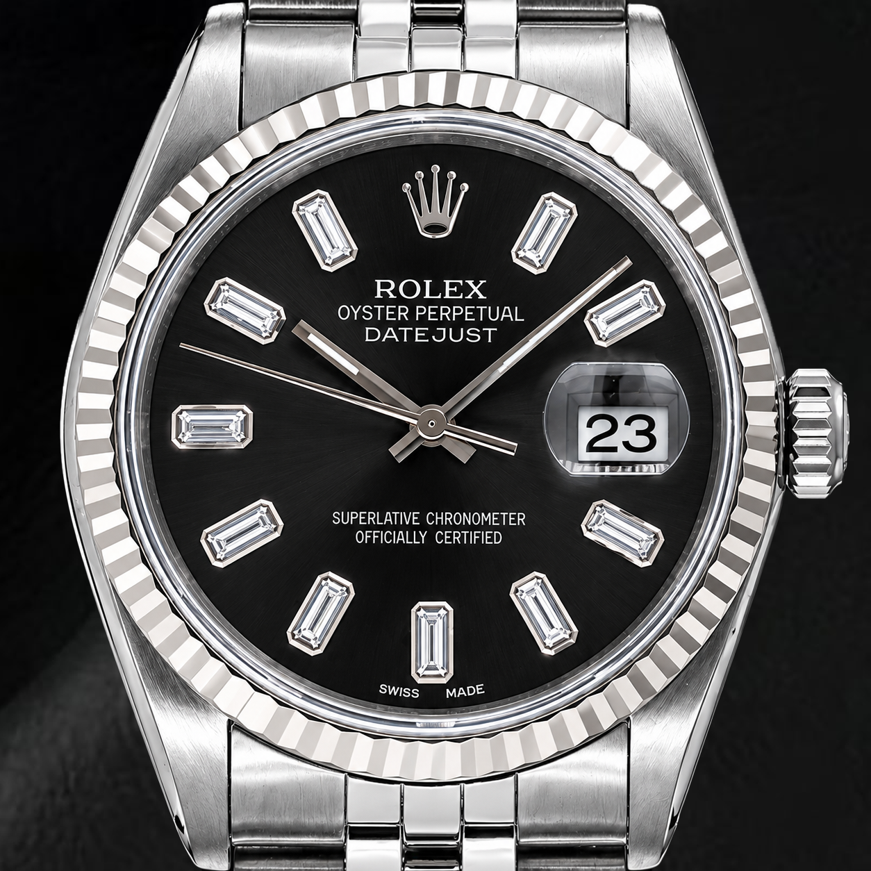 Rolex Datejust 16014 36mm Black Baguette Diamond Dial Stainless Steel Watch