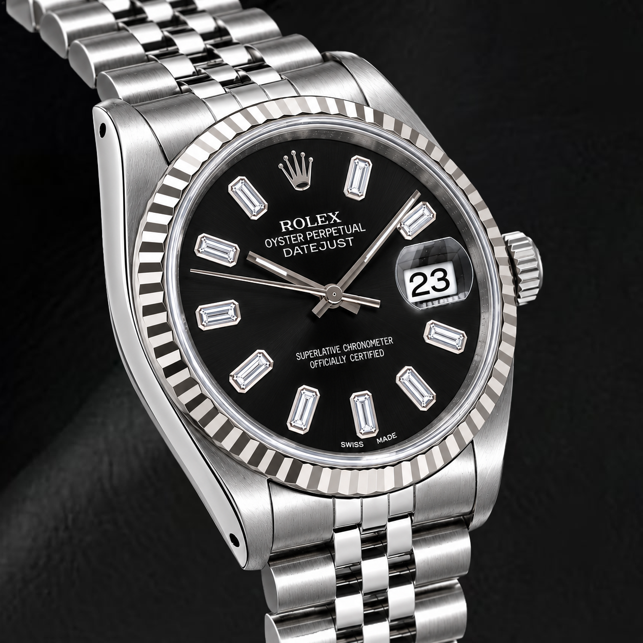 Rolex Datejust 16014 36mm Black Baguette Diamond Dial Stainless Steel Watch