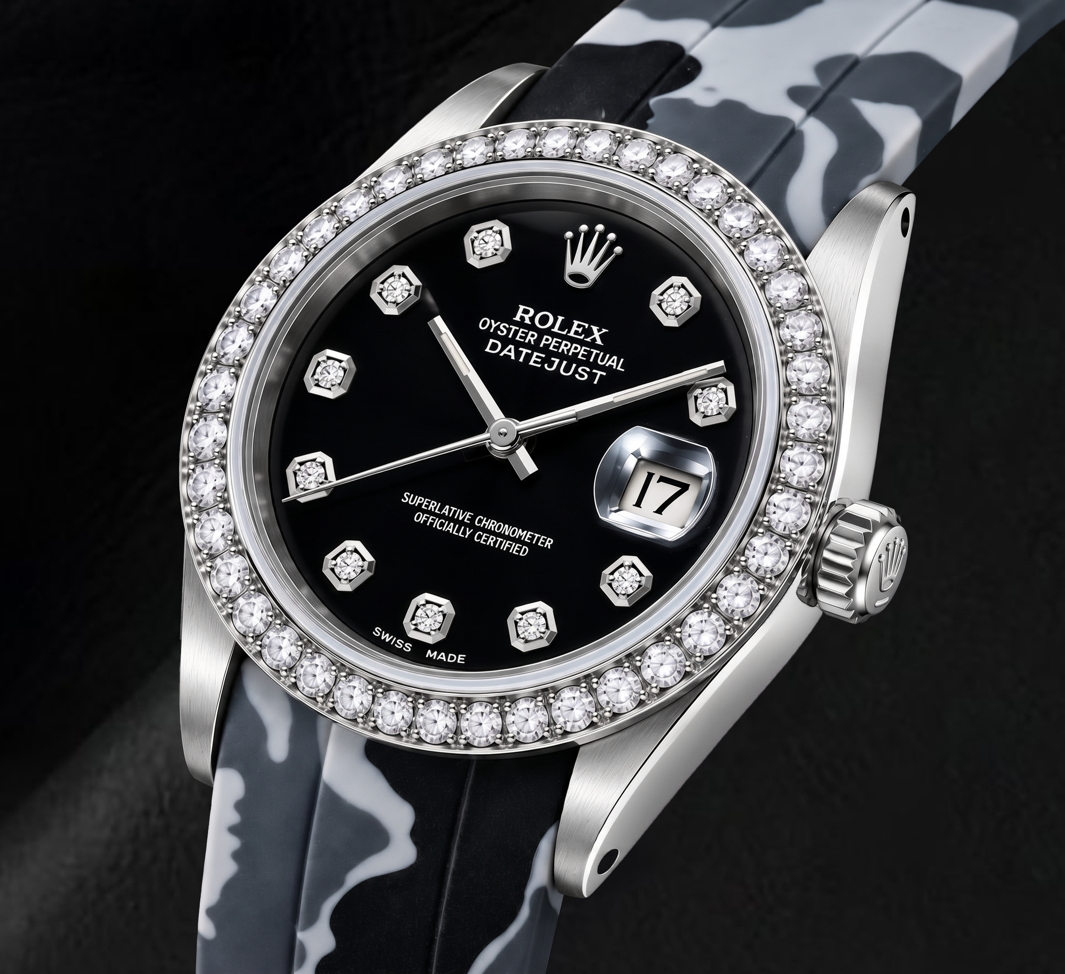 Rolex Datejust 16014 36mm Black Diamond Dial Gray Camo Rubber Strap Watch