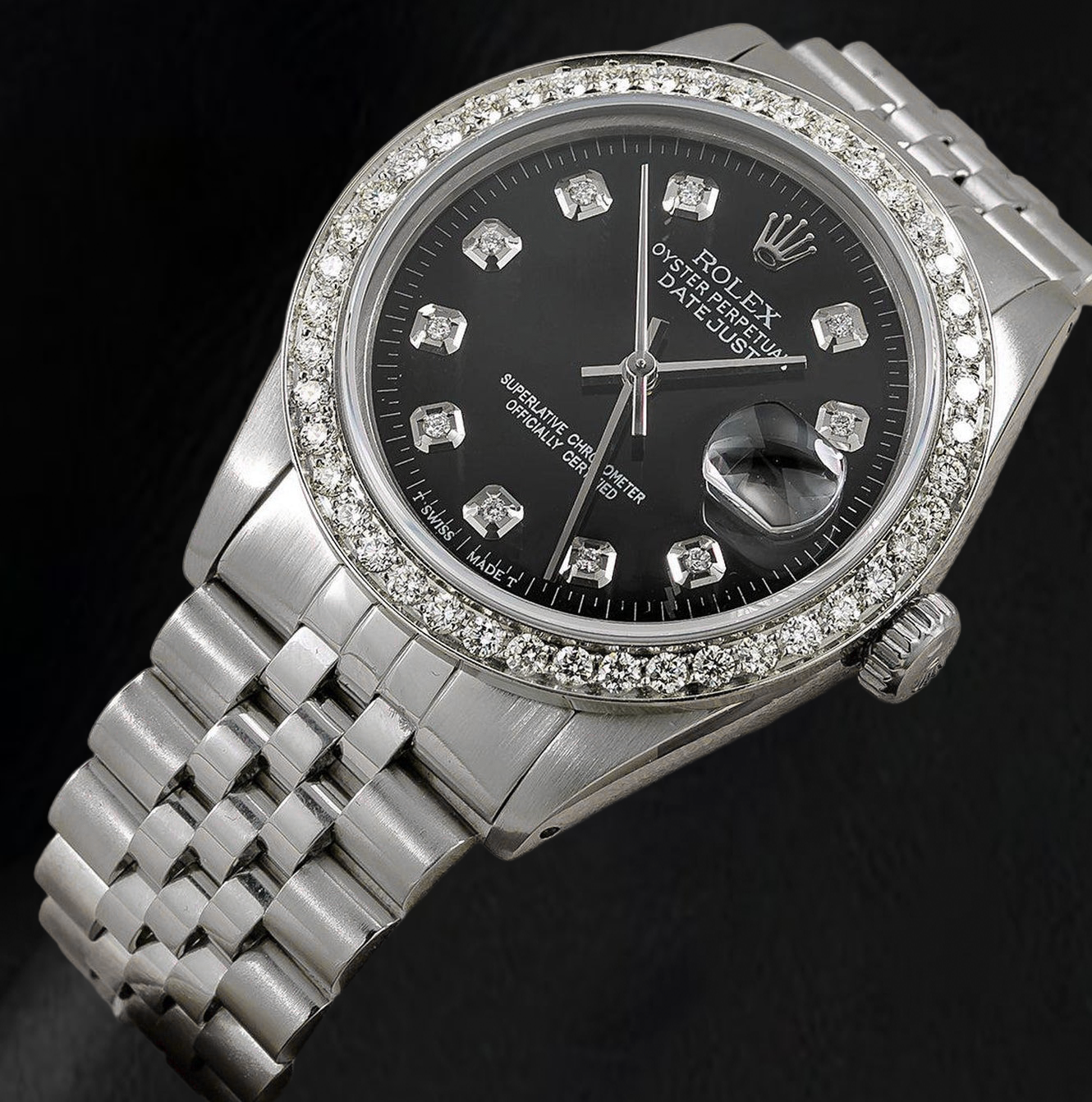 Rolex Datejust 16014 36mm Black Diamond Dial Stainless Steel Watch Jubilee Bracelet