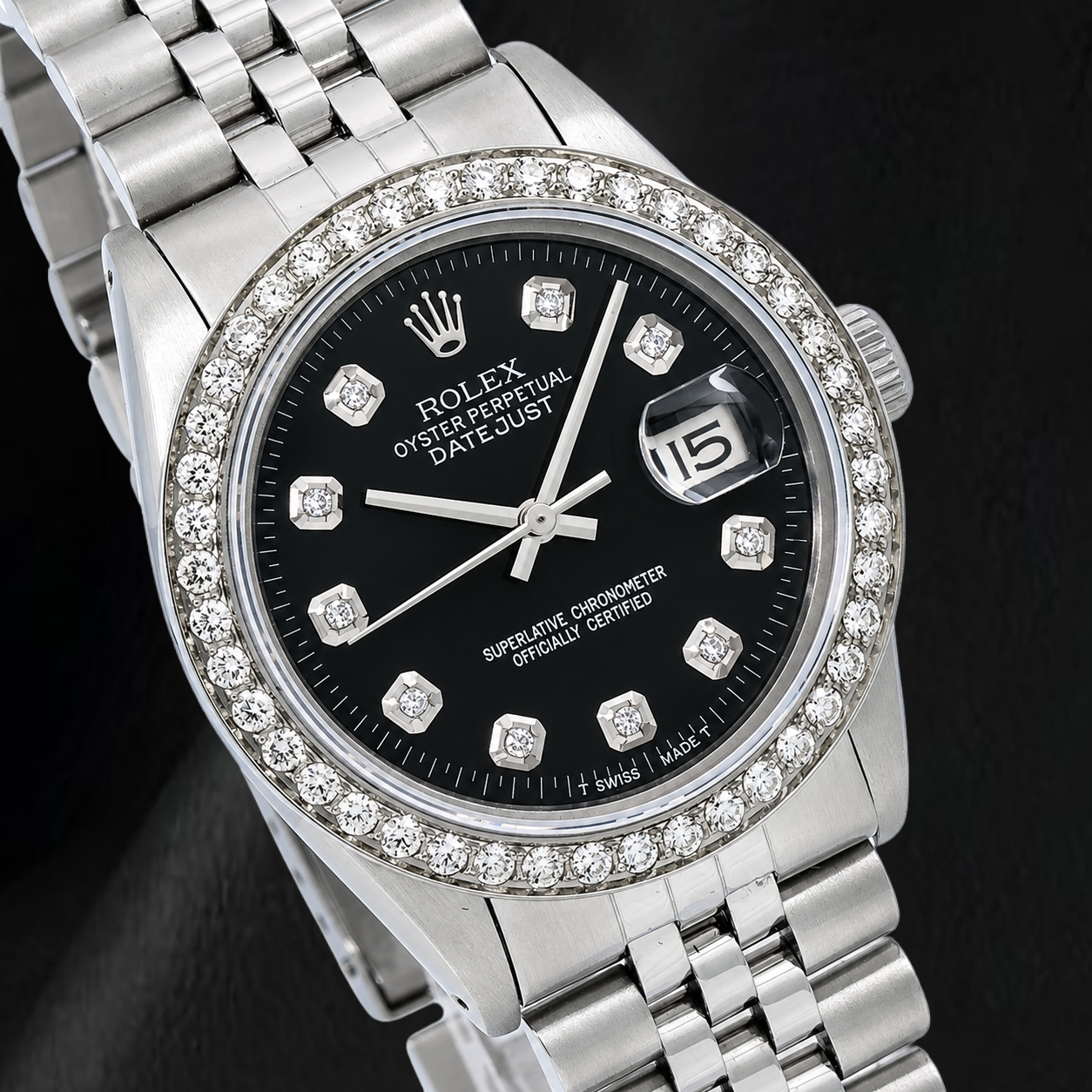 Rolex Datejust 16014 36mm Black Diamond Dial Stainless Steel Watch Jubilee Bracelet