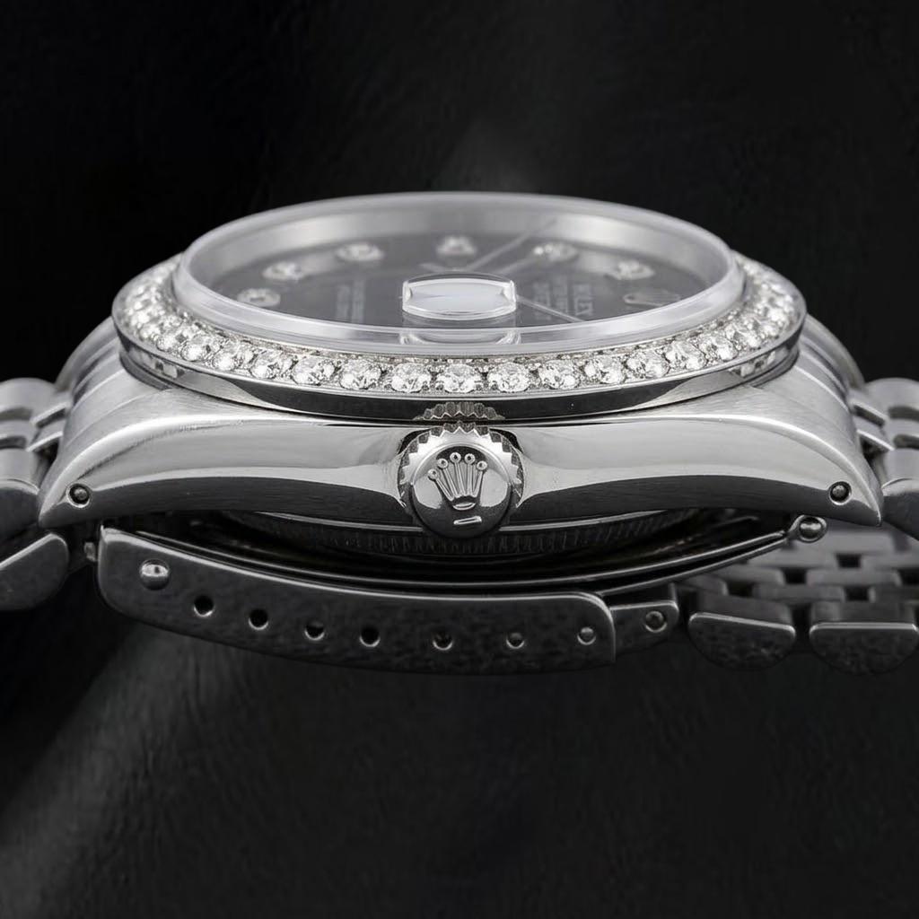 Rolex Datejust 16014 36mm Black Diamond Dial Stainless Steel Watch Jubilee Bracelet