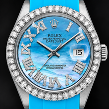Rolex Datejust 16014 36mm Blue Mother Of Pearl Roman Diamond Dial Rubber Strap Watch
