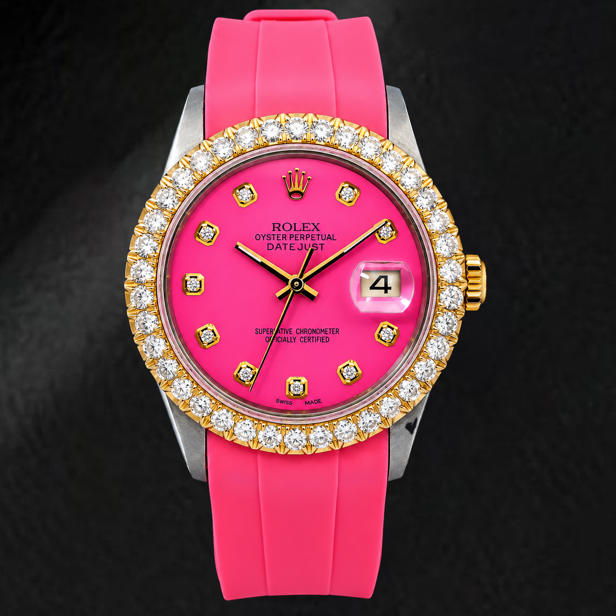 Rolex Datejust 16014 36mm Pink Diamond Dial Diamond Bezel Pink Rubber Strap Watch