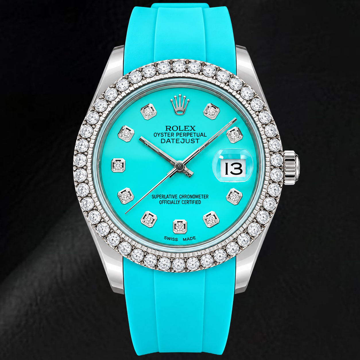 Rolex Datejust 16014 36mm Turquoise Diamond Dial Blue Rubber Strap Watch