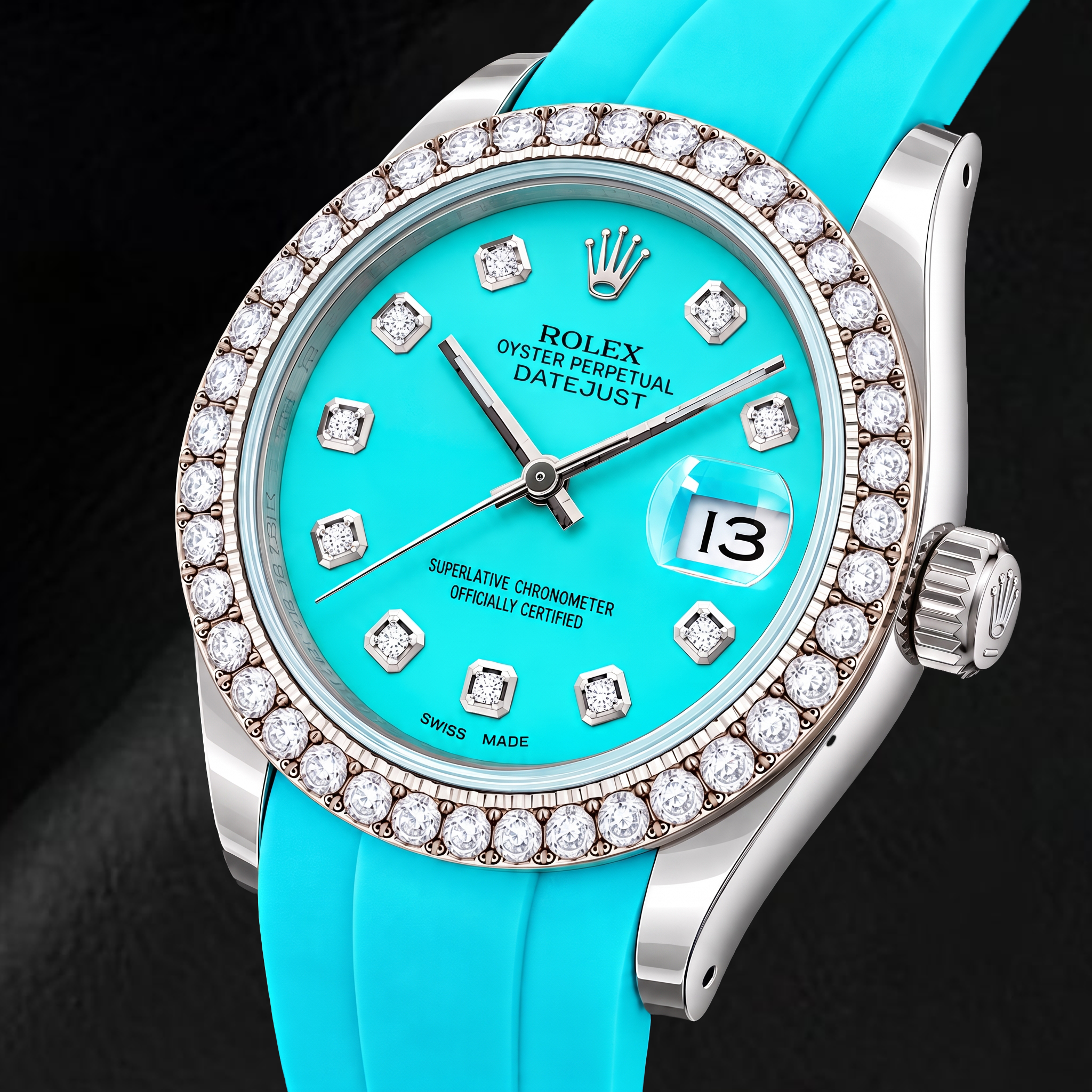 Rolex Datejust 16014 36mm Turquoise Diamond Dial Blue Rubber Strap Watch