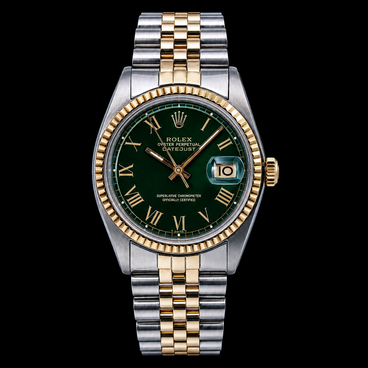 Rolex Datejust 1601 36mm Green Roman Dial Two Tone Watch