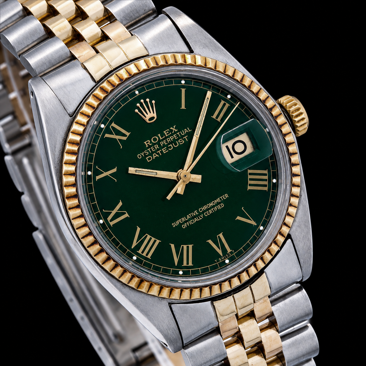 Rolex Datejust 1601 36mm Green Roman Dial Two Tone Watch