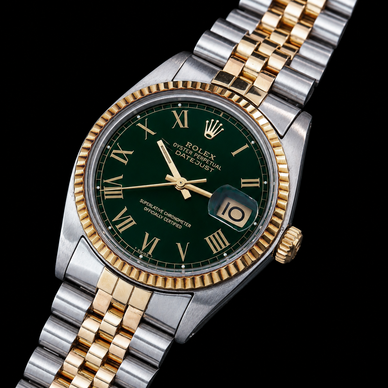 Rolex Datejust 1601 36mm Green Roman Dial Two Tone Watch