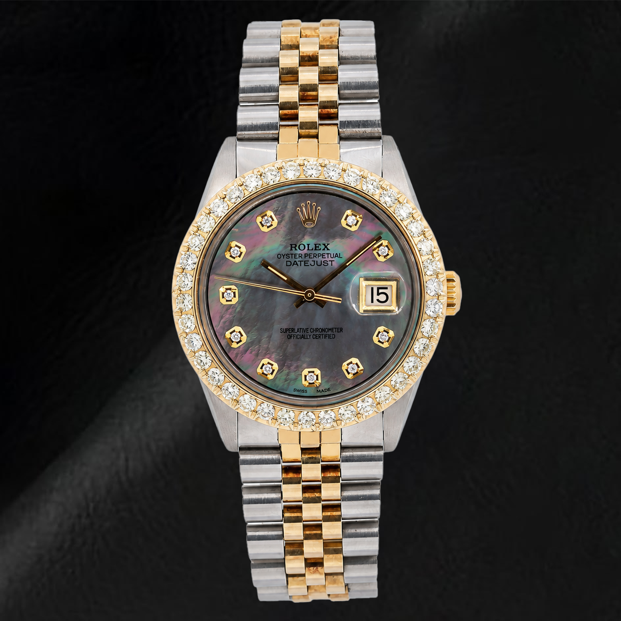 Rolex Datejust 1601 36mm Black Mother Of Pearl Diamond Dial Two Tone Watch