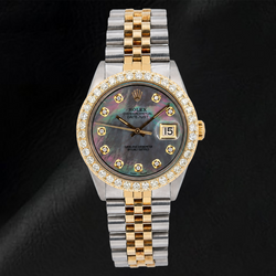 Rolex Datejust 1601 36mm Black Mother Of Pearl Diamond Dial Two Tone Watch