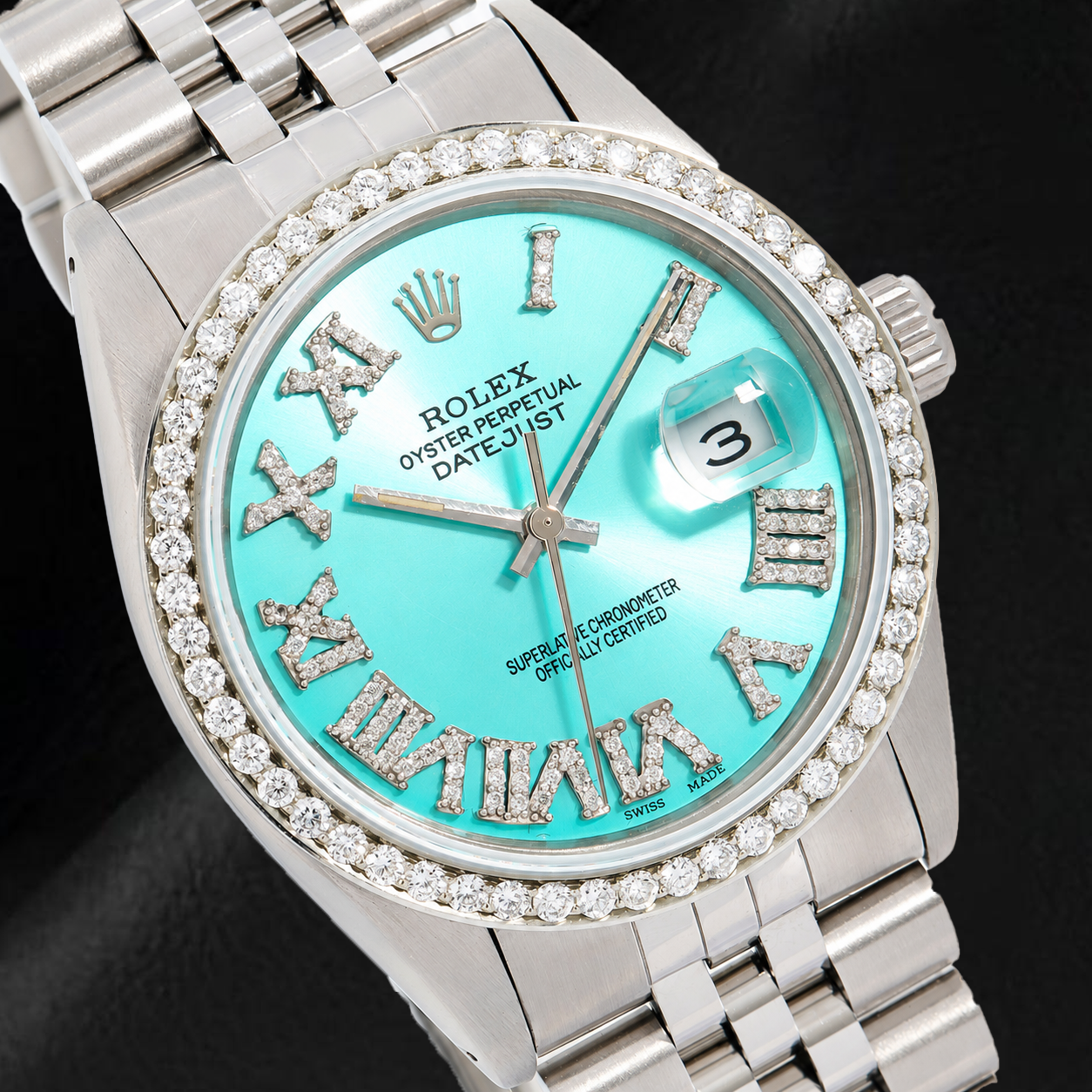 Rolex Datejust 1601 36mm Turquoise Roman Diamond Dial Stainless Steel Watch
