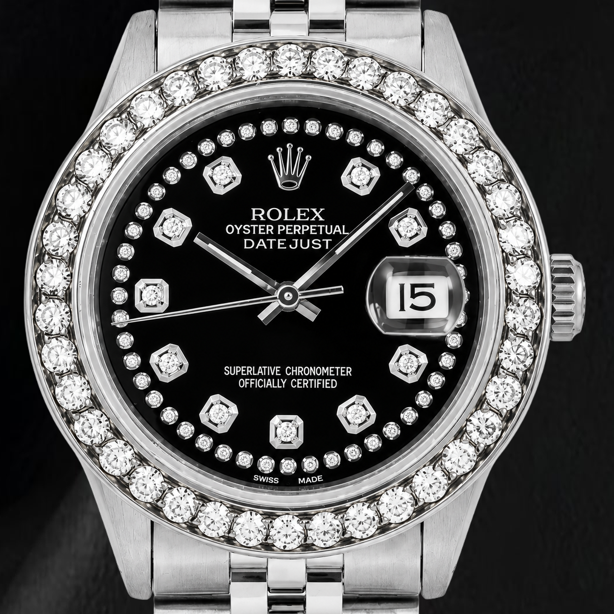 Rolex Datejust 16030 36mm Black String Diamond Dial Stainless Steel Watch