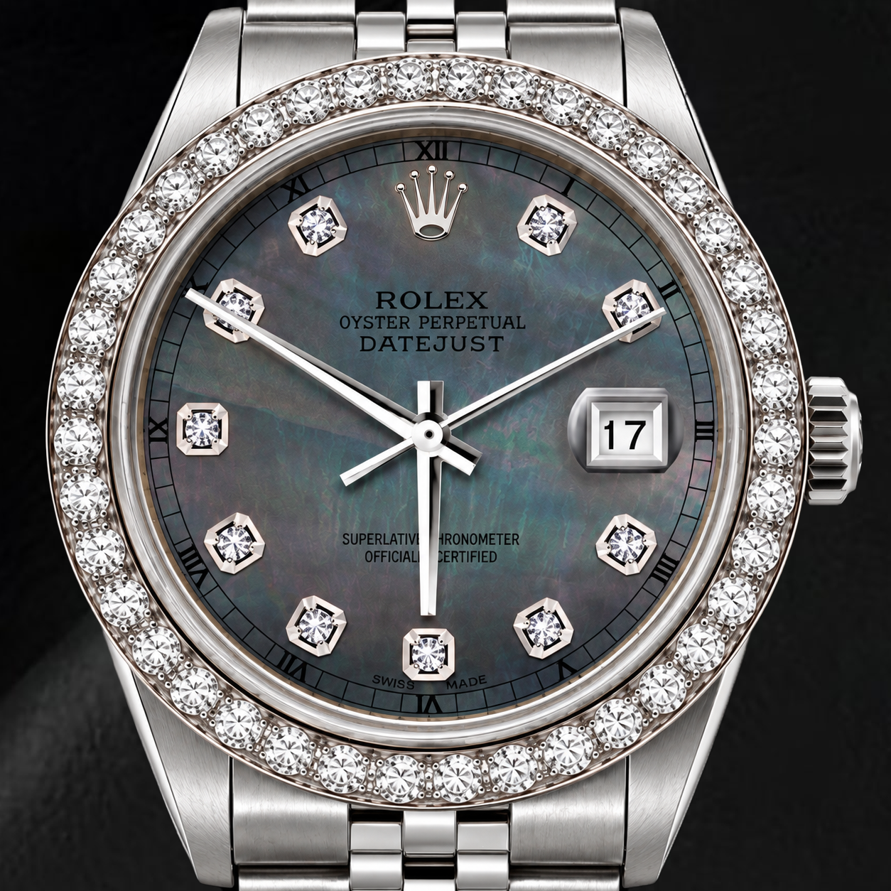 Rolex Datejust 16200 36mm Black Mother of Pearl Diamond Dial Stainless Steel Watch