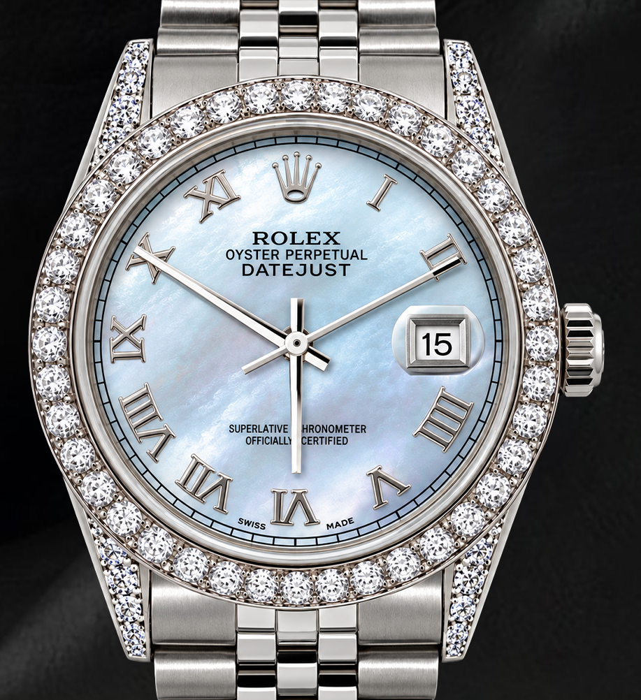Rolex Datejust 16200 36mm Blue Mother of Pearl Roman Dial Stainless Steel Watch