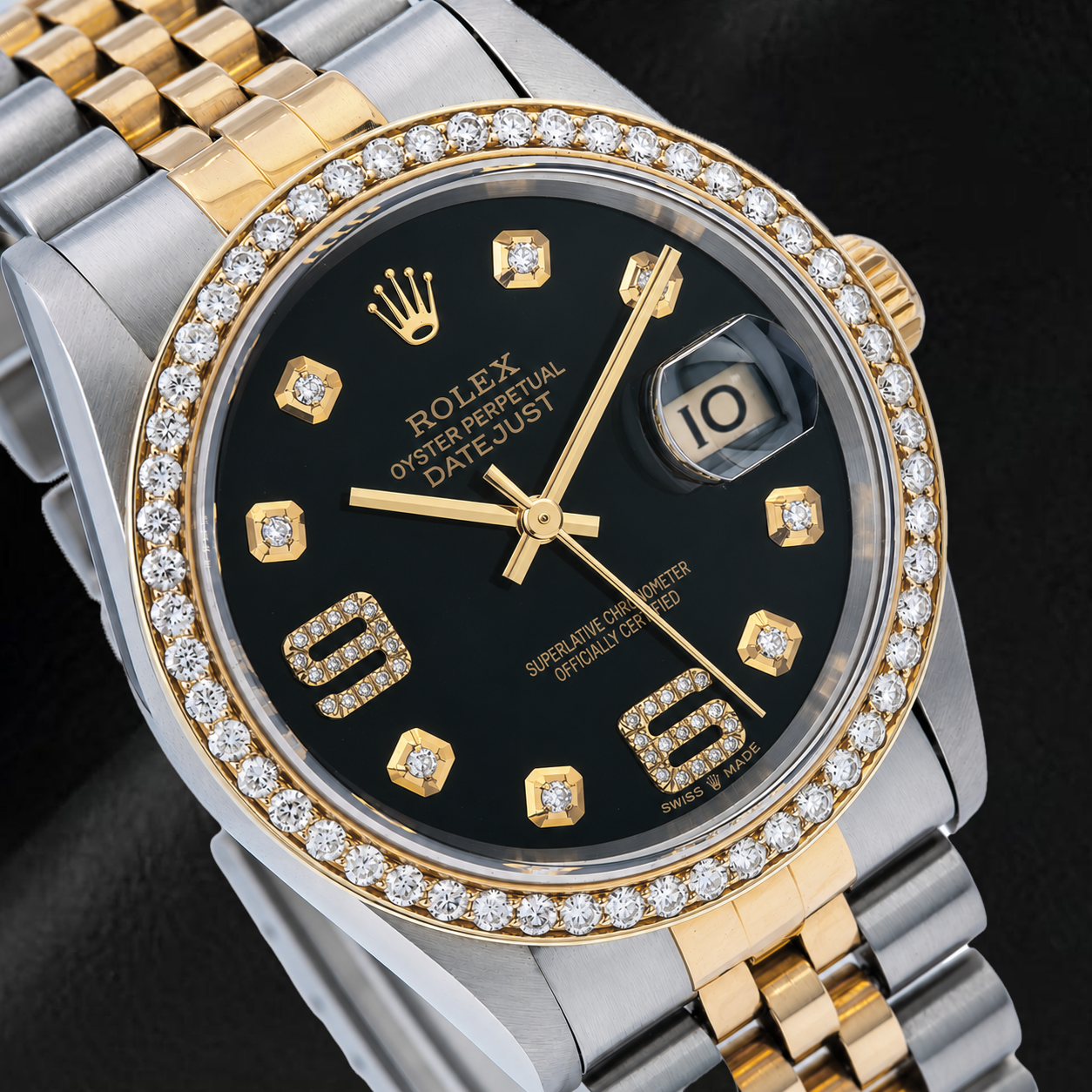 Rolex Datejust 16233 36mm Black Arabic Diamond Dial Two Tone Watch