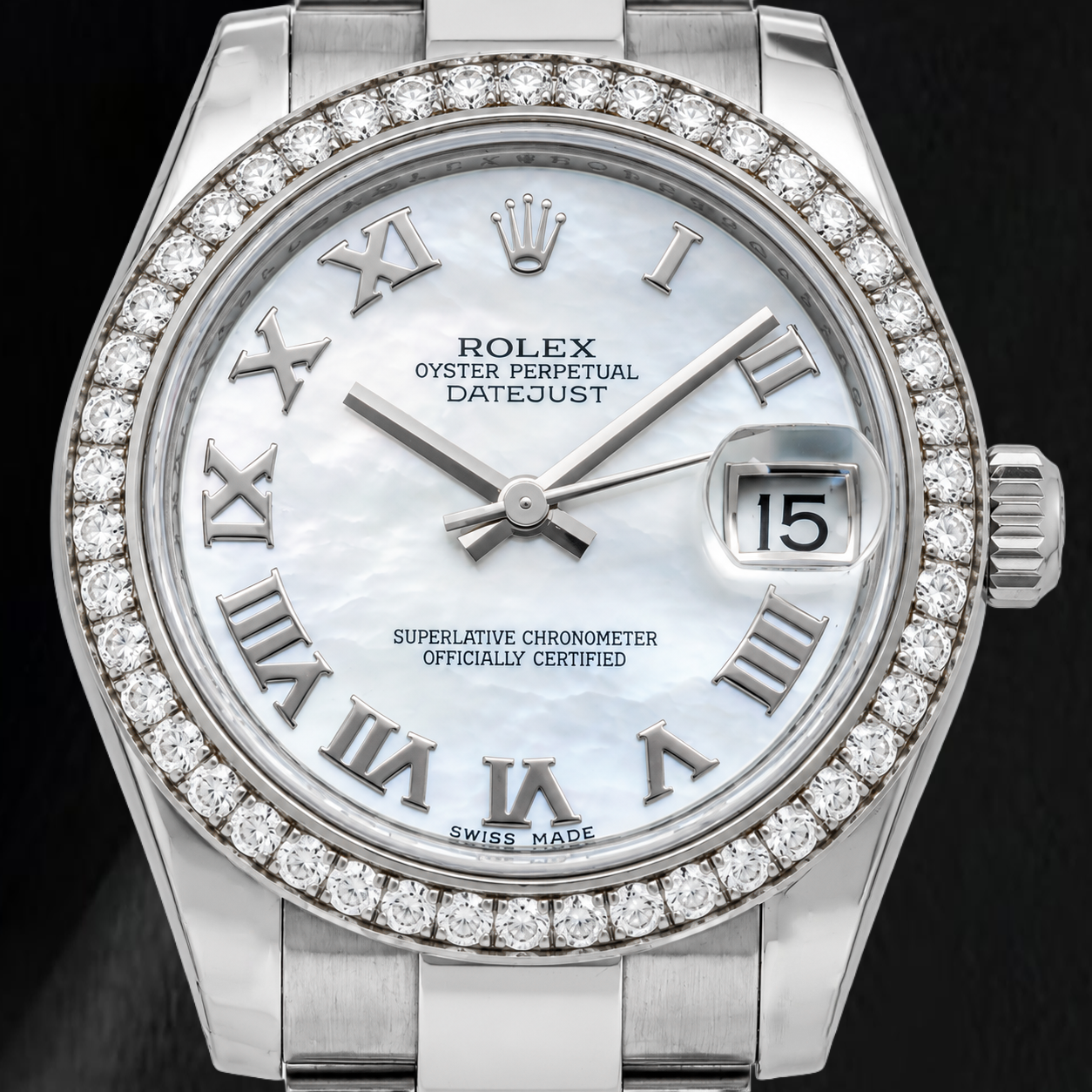 Rolex Datejust 178240 31mm White Mother Of Roman Dial Diamond Bezel Stainless Steel Watch