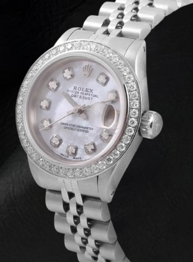 Rolex Datejust 26 mm White Mother Of Pearl Dial Diamond Bezel Stainless Steel Watch