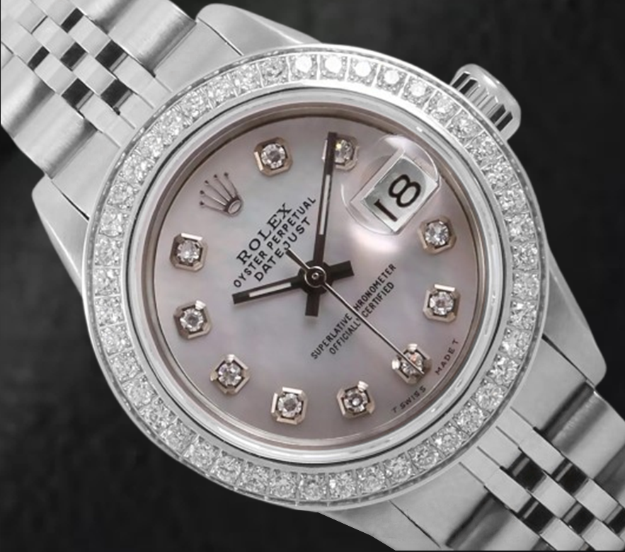 Rolex Datejust 26 mm White Mother Of Pearl Dial Diamond Bezel Stainless Steel Watch