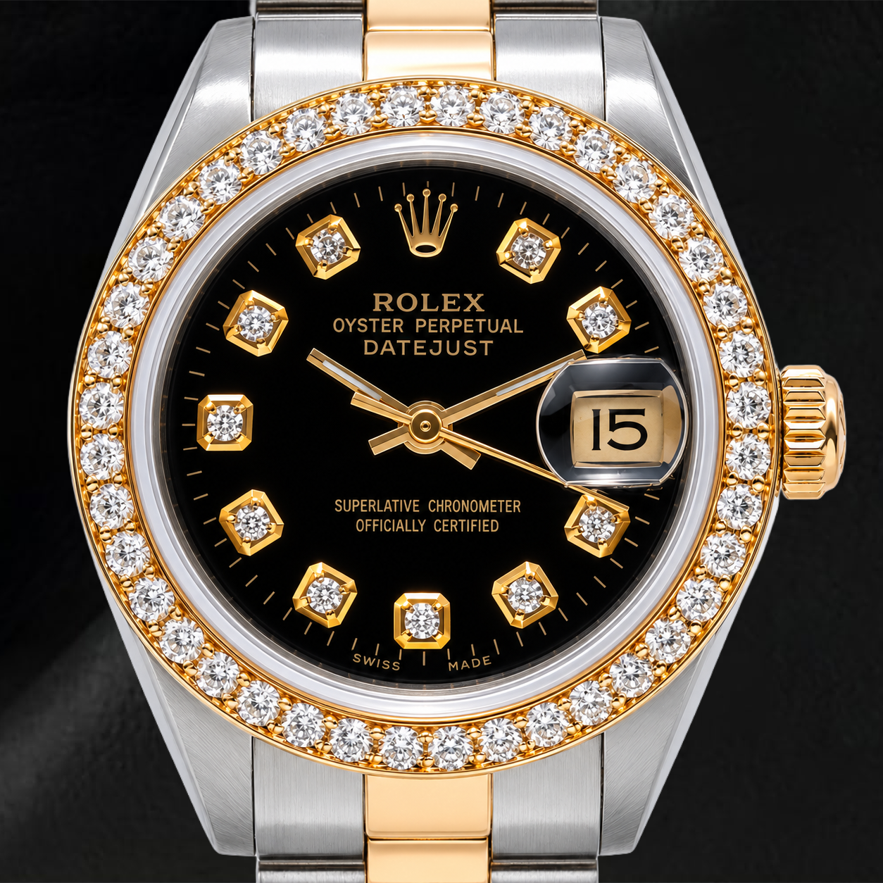Rolex Datejust 26mm 69173 Black Diamond Dial Two Tone Oyster Bracelet Watch