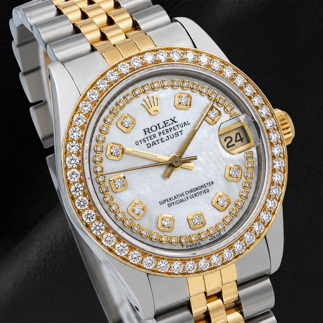 Rolex Datejust 31MM 6824 White Mother of Pearl String Diamond Dial Two Tone Jubilee Bracelet