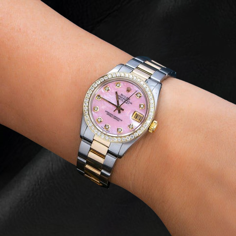 Rolex Datejust 31 mm Pink Mother Of Pearl Diamond Dial Two Tone Oyster Bracelet Watch