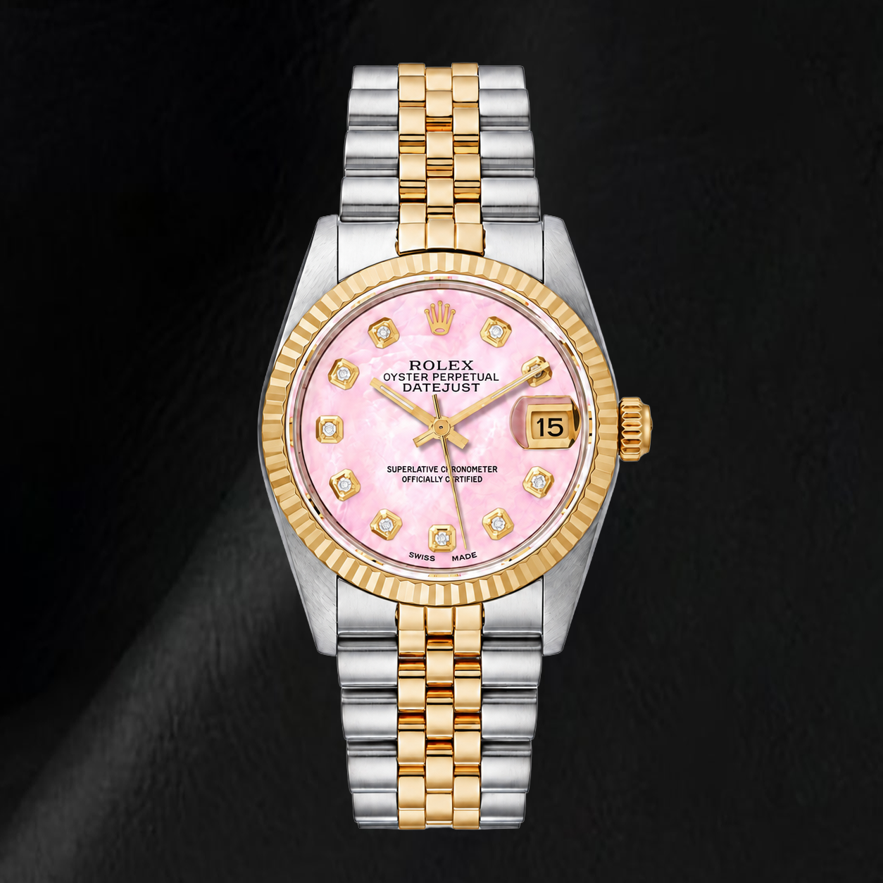 Rolex Datejust 31mm Pink Mother of Pearl Diamond Dial Two Tone Watch