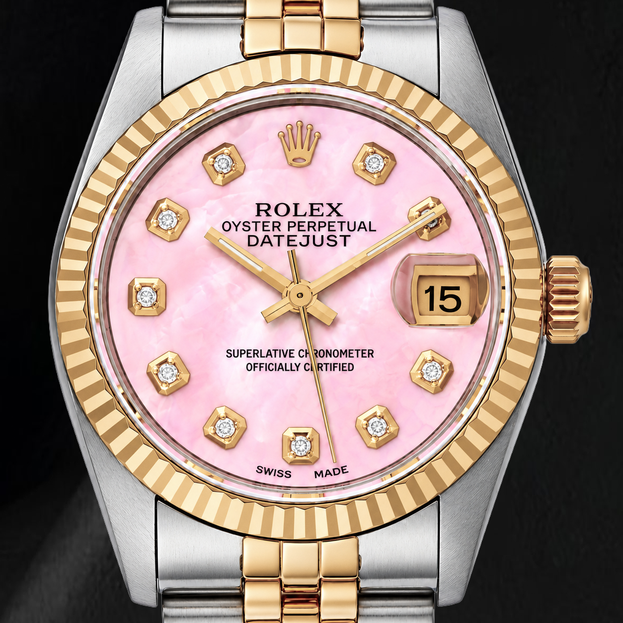 Rolex Datejust 31mm Pink Mother of Pearl Diamond Dial Two Tone Watch