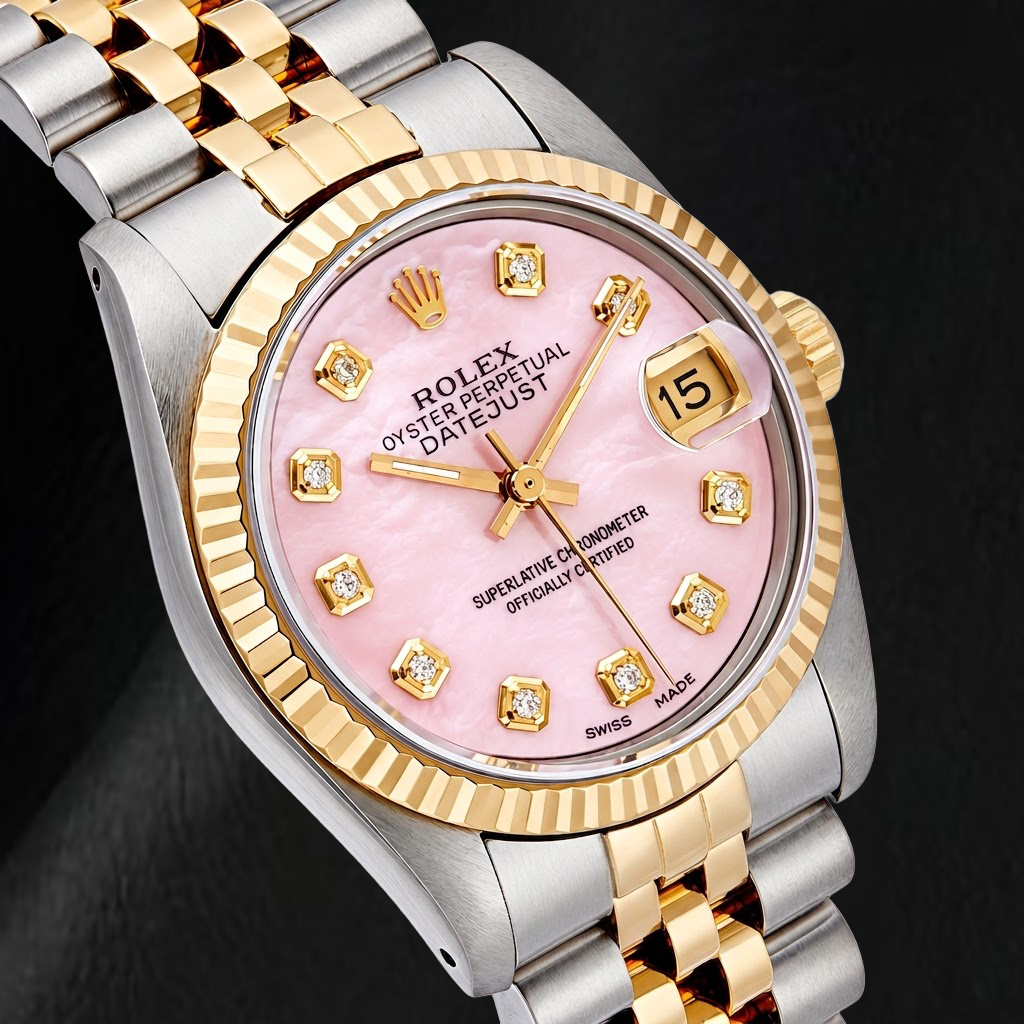 Rolex Datejust 31mm Pink Mother of Pearl Diamond Dial Two Tone Watch
