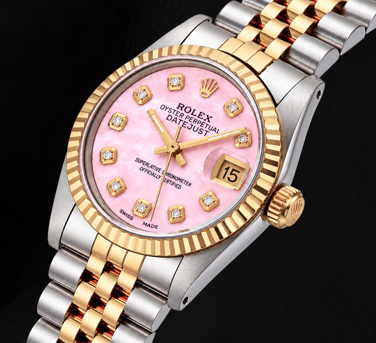 Rolex Datejust 31mm Pink Mother of Pearl Diamond Dial Two Tone Watch