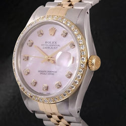 Rolex Datejust 36 mm Pink Mother Of Pearl Natural Earth Mined Diamond Dial Two Tone Watch