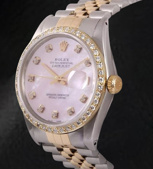 Rolex Datejust 36 mm Pink Mother Of Pearl Diamond Dial Two Tone Watch