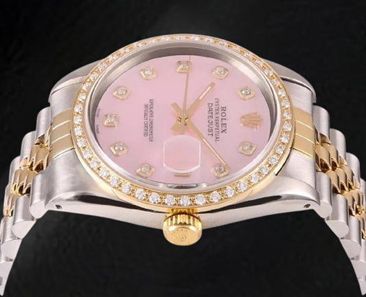 Rolex Datejust 36 mm Pink Mother Of Pearl Diamond Dial Two Tone Watch