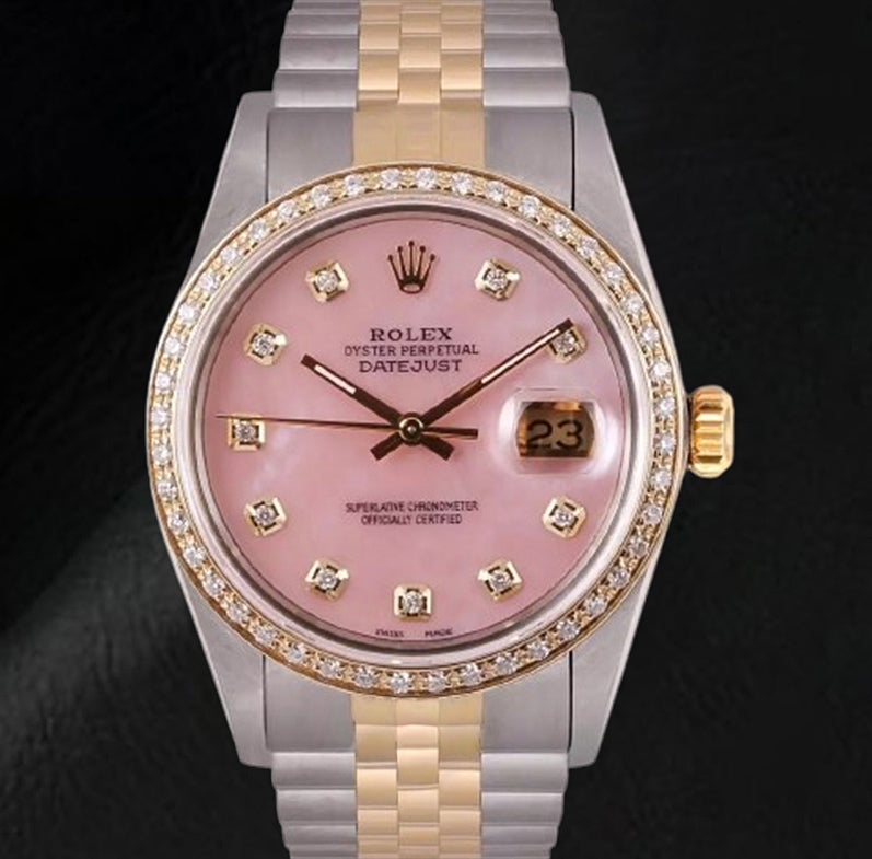 Rolex Datejust 36 mm Pink Mother Of Pearl Diamond Dial Two Tone Watch