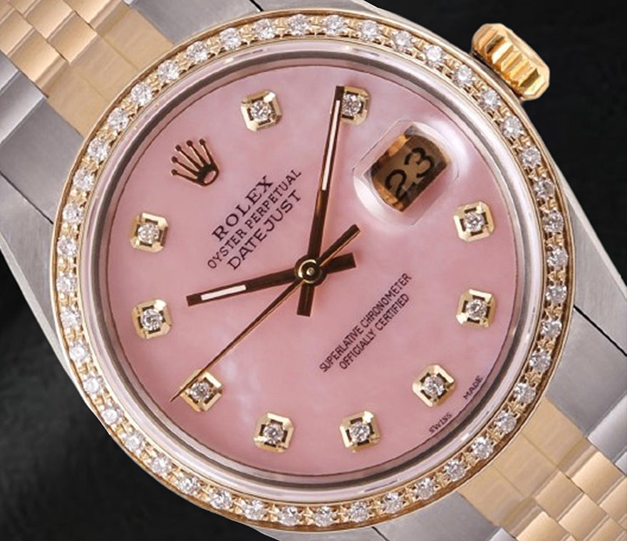Rolex Datejust 36 mm Pink Mother Of Pearl Diamond Dial Two Tone Watch