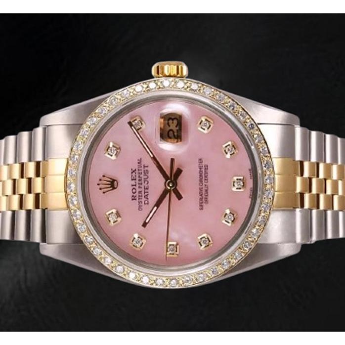 Rolex Datejust 36 mm Pink Mother Of Pearl Diamond Dial Two Tone Watch