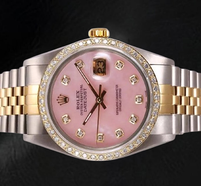 Rolex Datejust 36 mm Pink Mother Of Pearl Diamond Dial Two Tone Watch